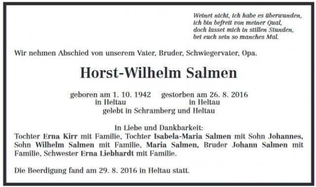 Salmen Horst Wilhelm 1942-2016 Todesanzeige